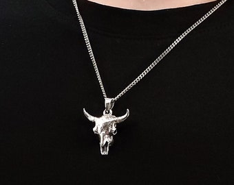 Bison Skull Necklace in Solid 925 Sterling Silver - Bull Skull American Buffalo - Unisex Statement Jewelry Gift