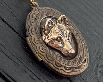 Antique Brass Wolf Folding Locket Pendant Necklace