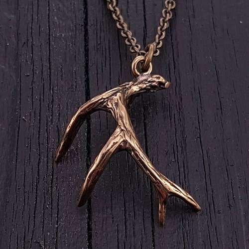 Deer Antler Pendant Necklace - Solid Hand Cast Bronze - Polished Oxidized Finish - Stag Horn Forest Animal Jewelry - Multiple Chain Lengths
