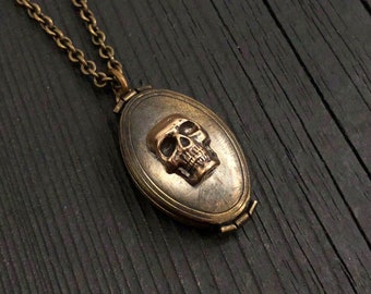 Bronze Skull Double Locket Necklace Gothic Human Skull Locket