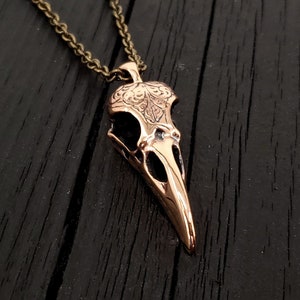 Engraved Raven Skull Pendant Necklace Solid Jewelers Bronze Polished Finish Three Dimensional Detail Multiple Chain Lengths image 2