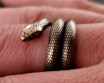 Colubrid Snake Wrap Ring - Unisex -  Serpent Jewelry Gift - Solid Hand Cast Jewelers Bronze - Oxidised Polished Finish - Sizes 4 to 11