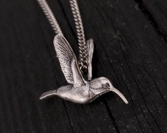 Hummingbird Charm Pendant Necklace - Solid Hand Cast 925 - Oxidized Polished Finish - Three dimensional Detail - Multiple Chain Lengths