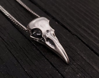 Raven Skull Necklace - Solid Cast 925 Sterling Silver - Polished Finish - Unisex Bird Skull Gift For Him or Her - Multiple Chain Options