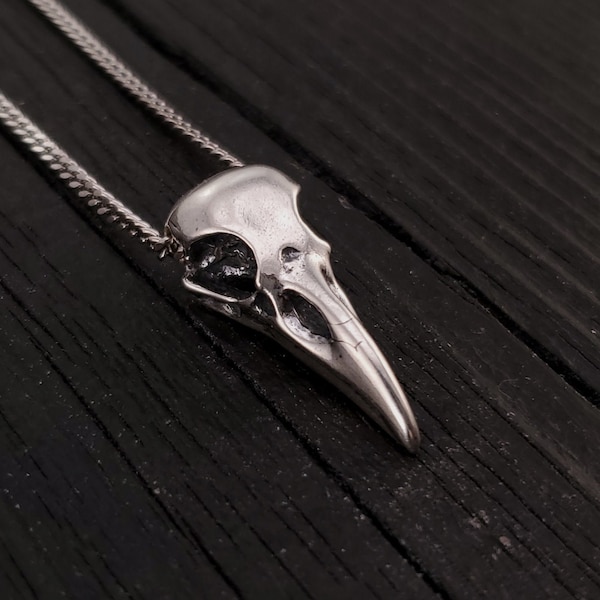 Raven Skull Necklace - Solid Cast 925 Sterling Silver - Polished Finish - Unisex Bird Skull Gift For Him or Her - Multiple Chain Options