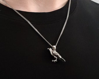 Silver Standing Raven Necklace Charm Pendant in Solid Hand Cast 925 Sterling Silver - Standing Crow Bird Unisex Nature Jewelry Gift