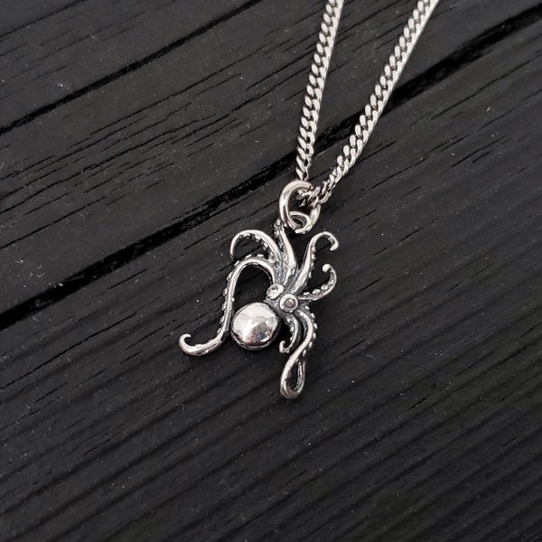 Octopus Charm Pendant Necklace - Solid Hand Cast 925 Sterling Silver - Polished Oxidised Finish - Multiple Chain Lengths - Unisex Gift