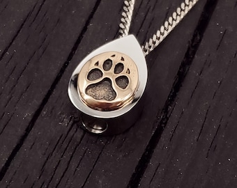 Dog Paw Print Cremation Urn Necklace: Bronze Paw, Stainless Steel, Custom Engraved