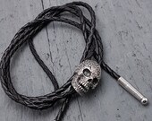 Sugar Skull Bolo Tie Necklace - Solid Cast Silver Plated White Bronze - Unique Skull Gift for Him - Men's Suit Accessory Jewelry