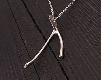 Broken Wishbone Pendant Necklace - Solid Hand Cast 925 Sterling Silver - Polished Finish - Thanksgiving Holiday Wish Jewelry Gift