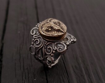 Owl Face Filigree Wrap Ring - Solid Sterling Silver and Bronze Size 5 to 9.5
