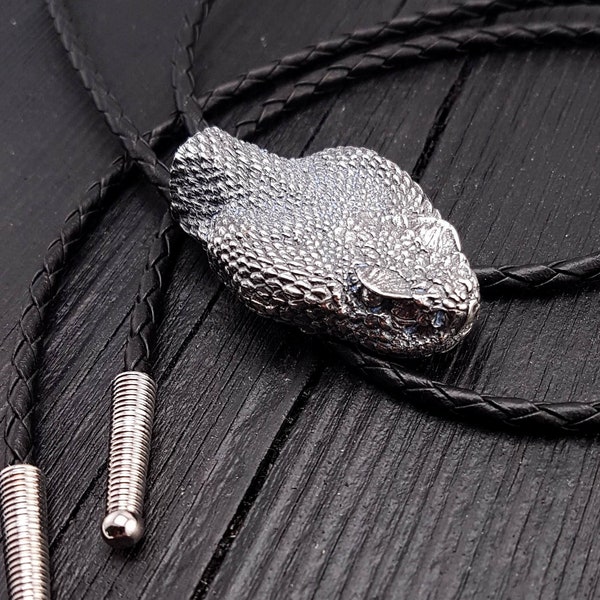 Silver Rattlesnake Bolo Tie - Life Size - Silver Stainless Steel - Black Braided Cord with Silver Tips - Unique Snake Suit Accessory