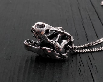 T-Rex Skull Pendant Necklace, Stainless Steel Tyrannosaurus Rex Jewelry, Dinosaur Necklace, Fossil Style Gift