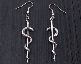 Rod Of Asclepius Earrings -Solid Hand Cast 925 Sterling Silver - Staff of Aesculapius - Medical First Responder Unisex Jewelry Gift