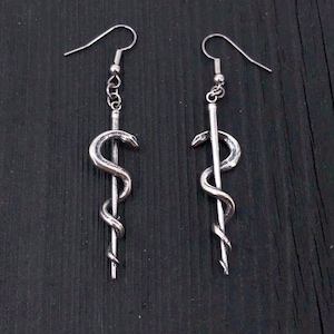 Rod Of Asclepius Earrings -Solid Hand Cast 925 Sterling Silver - Staff of Aesculapius - Medical First Responder Unisex Jewelry Gift