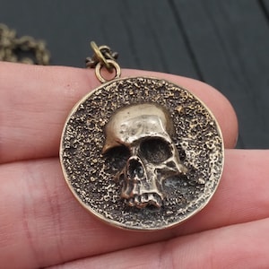 Pirate Skull Medallion Pendant Necklace - Solid Gold Bronze - Antique Oxidized Hand Polished Finish - Hung on a Matching Chain - Doubloon