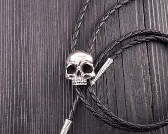 Human Skull Bolo Tie - Solid Hand Cast Stainless Steel - 42" Braided Cord - Unisex Statement Suit Tie
