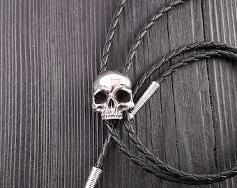 Human Skull Bolo Tie - Solid Hand Cast Stainless Steel - 42&quot; Braided Cord - Unisex Statement Suit Tie