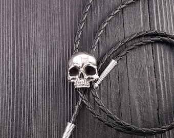 Human Skull Bolo Tie - Solid Hand Cast Stainless Steel - 42" Braided Cord - Unisex Statement Suit Tie