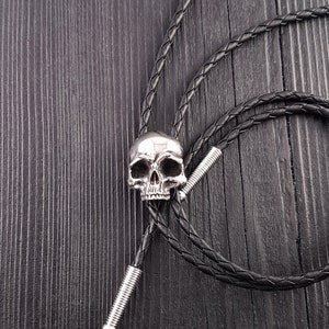 Human Skull Bolo Tie - Solid Hand Cast Stainless Steel - 42" Braided Cord - Unisex Statement Suit Tie