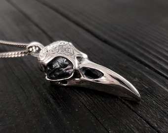 Engraved Raven Skull Pendant Necklace - Solid Hand Cast .925 Sterling Silver - Oxidised Polished Bird Skull - Multiple Chain Options