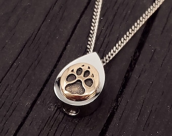 Dog Paw Print Tear Drop Cremation Ash Urn Necklace - Solid Bronze on Stainless Steel - Custom Engraved Personalised Mourning Pet Urn