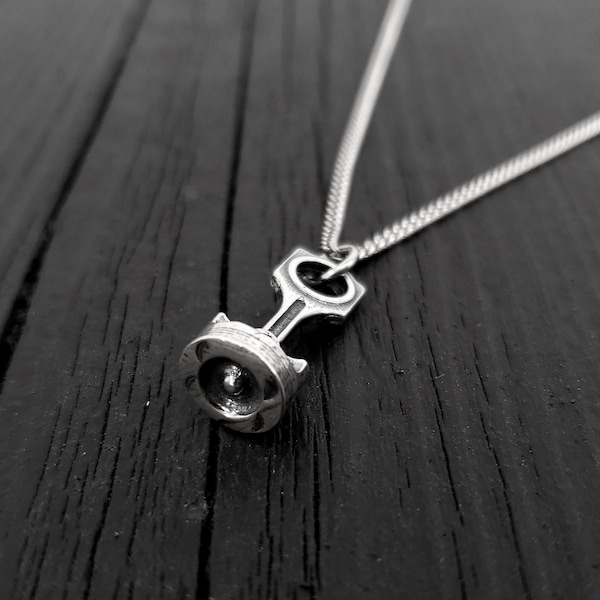 Piston and Rod Pendant Charm Necklace - Solid Cast 925 Sterling Silver - Polished Oxidized Finish - Multiple Chain Options - Mechanic Gift