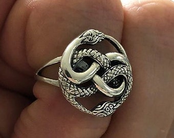 Auryn Snake Ring - .925 Sterling Silver - Polished Oxidized Finish - Adjustable Band - Ouroboros Jewelry Gift