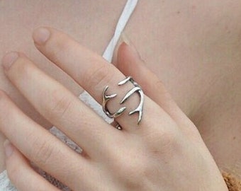 Deer Antler Wrap Ring - Solid Cast 925 Sterling Silver - Hand Polished Oxidized Finish - Sizes 4 to 11 Available - Animal Statement Jewelry