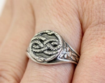 Auryn Double Ouroboros Serpent Ring - Solid Hand Cast 925 Sterling Silver - Polished Oxidised Finish - Sizes 5.5 to 10