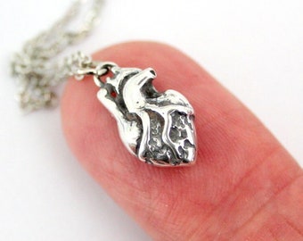 Tiny Anatomical Heart Necklace in Solid Sterling Silver Little Human Heart Pendant Necklace