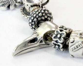 Little Raven Skull Charm - 925 Sterling Silver European Style Charm Bead - Fits: Pandora, Charmilia & Compatible Brands