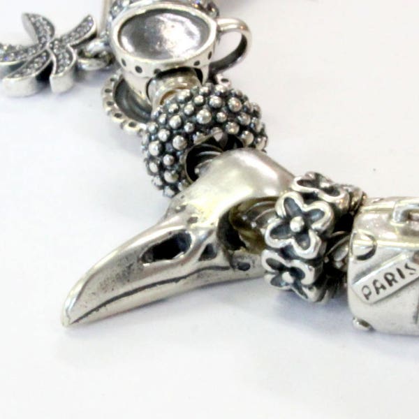 Little Raven Skull Charm - 925 Sterling Silver European Style Charm Bead - Fits: Pandora, Charmilia & Compatible Brands