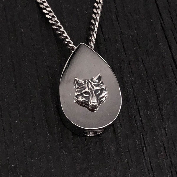 Wolf Head Tear Drop Cremation Ash Urn Pendant Necklace - Sterling Silver on Stainless Steel - Custom Engraved Personalised Mourning Gift