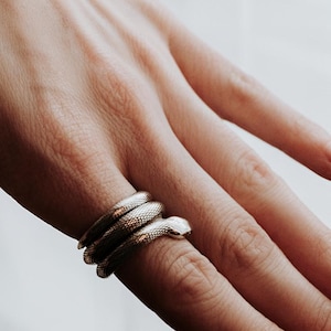 May include: A silver-toned metal ring shaped like a coiled snake that wraps around the finger. The ring features a textured surface mimicking scales and a distinct head at one end, creating a continuous spiral design that encircles the finger.