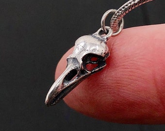 Tiny Sterling Silver Raven Skull Charm Necklace- Solid Hand Cast 925 Sterling Silver - Unique Nature Gift For Her