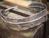 Silver Feather Bangle Bracelet in Solid White Bronze with Sterling Overlay