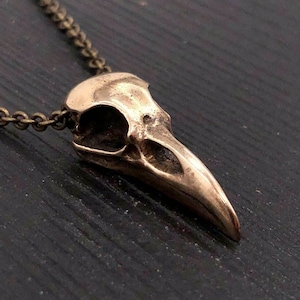 Raven Skull Necklace - Solid Bronze - Polished Finish - Unisex Bird Skull Gift For Him or Her - Multiple Chain Options