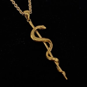 Gold Plated Rod Of Asclepius Pendant Necklace Staff of Aesculapius Medical First Responder Handmade Gift image 2
