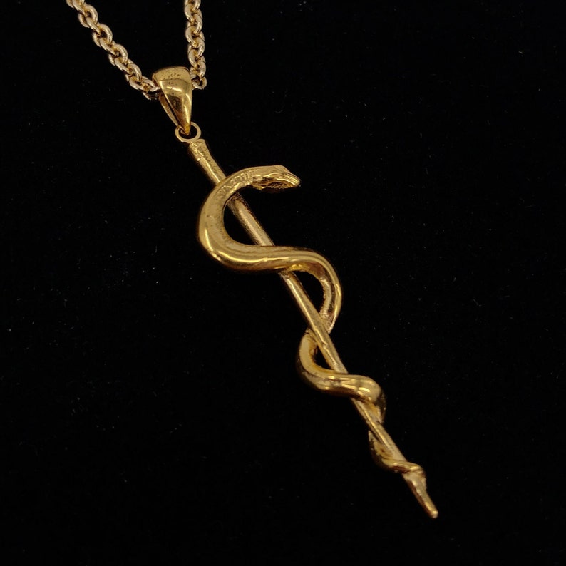 Gold Plated Rod Of Asclepius Pendant Necklace Staff of Aesculapius Medical First Responder Handmade Gift image 2