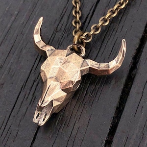 Origami Skull Necklace Faceted Steer Skull Necklace in Solid Bronze - Bull Skull - Unique Cow Skull Jewelry Origami Style Gold Bronze