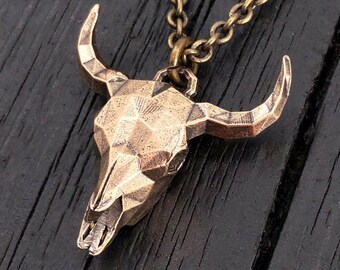 Faceted Steer Skull Necklace in Solid Bronze - Bull Skull - Unique Cow Skull Jewelry
