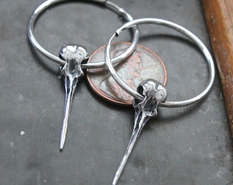 Solid Sterling Ruby Throated Hummingbird Skull Earrings – Minimalist Sterling Silver  Hoops, No Bail Design