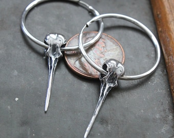 Hummingbird Skull Hoop Earrings - Life Size Sterling Silver Ruby Throated Humming Bird Skull Earrings woodland