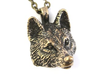 Realistische Wolfskopf Halskette in Bronze