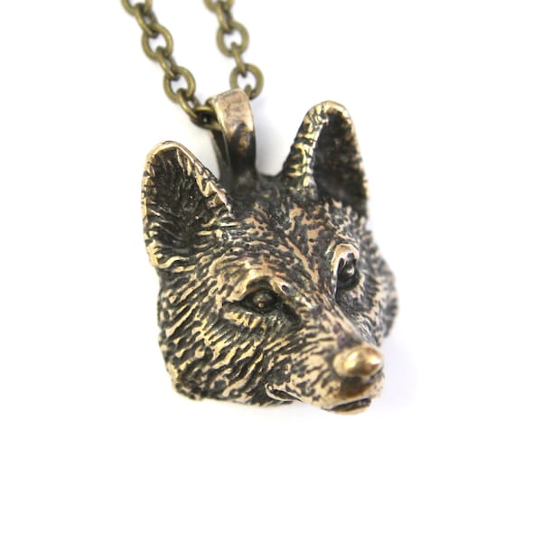 Realistic Wolf Head Necklace in Solid Bronze