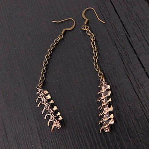 May include: A pair of gold-toned earrings with a dangling spine-shaped charm. The earrings are made of metal and have a delicate chain.