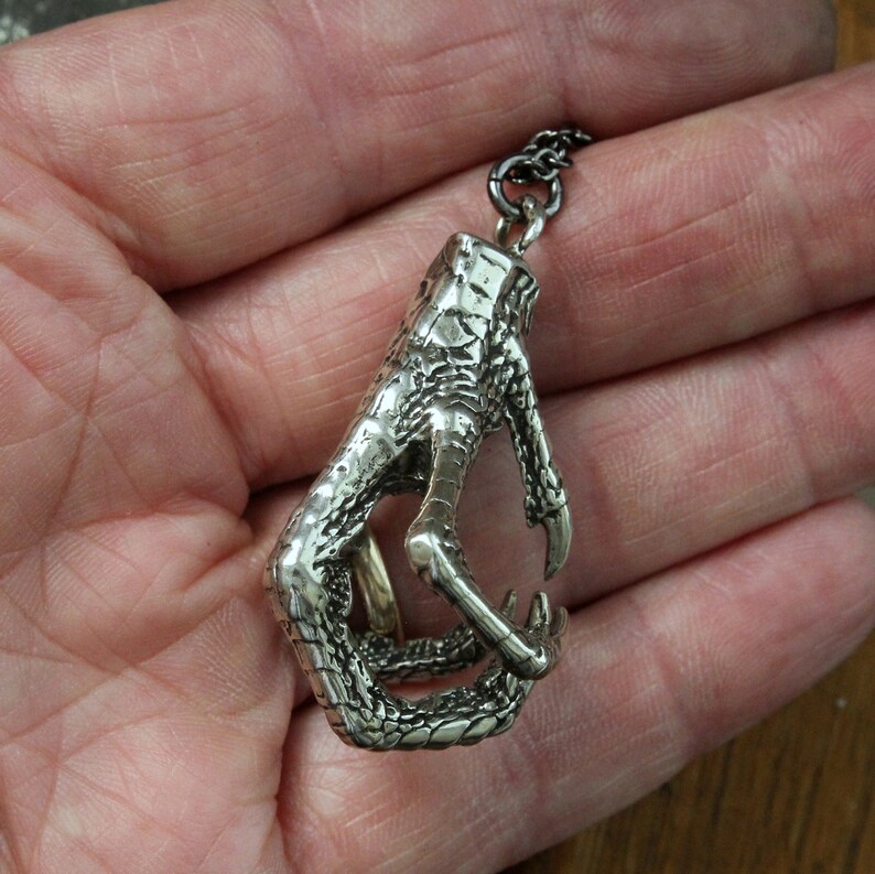 Bird Foot Pendant Statement Necklace Silver Chicken Claw Voodoo Talisman Solid Hand Cast Silver Plated White Bronze