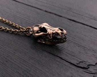 Handcrafted Bronze Wolf Skull Necklace: Gothic Pendant