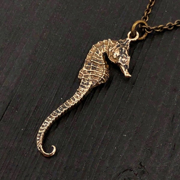 Collier pendentif de charme hippocampe - Bronze de bijoutiers moulés à la main solide - Finition oxydée polie - Cadeau de créature océanique pour elle